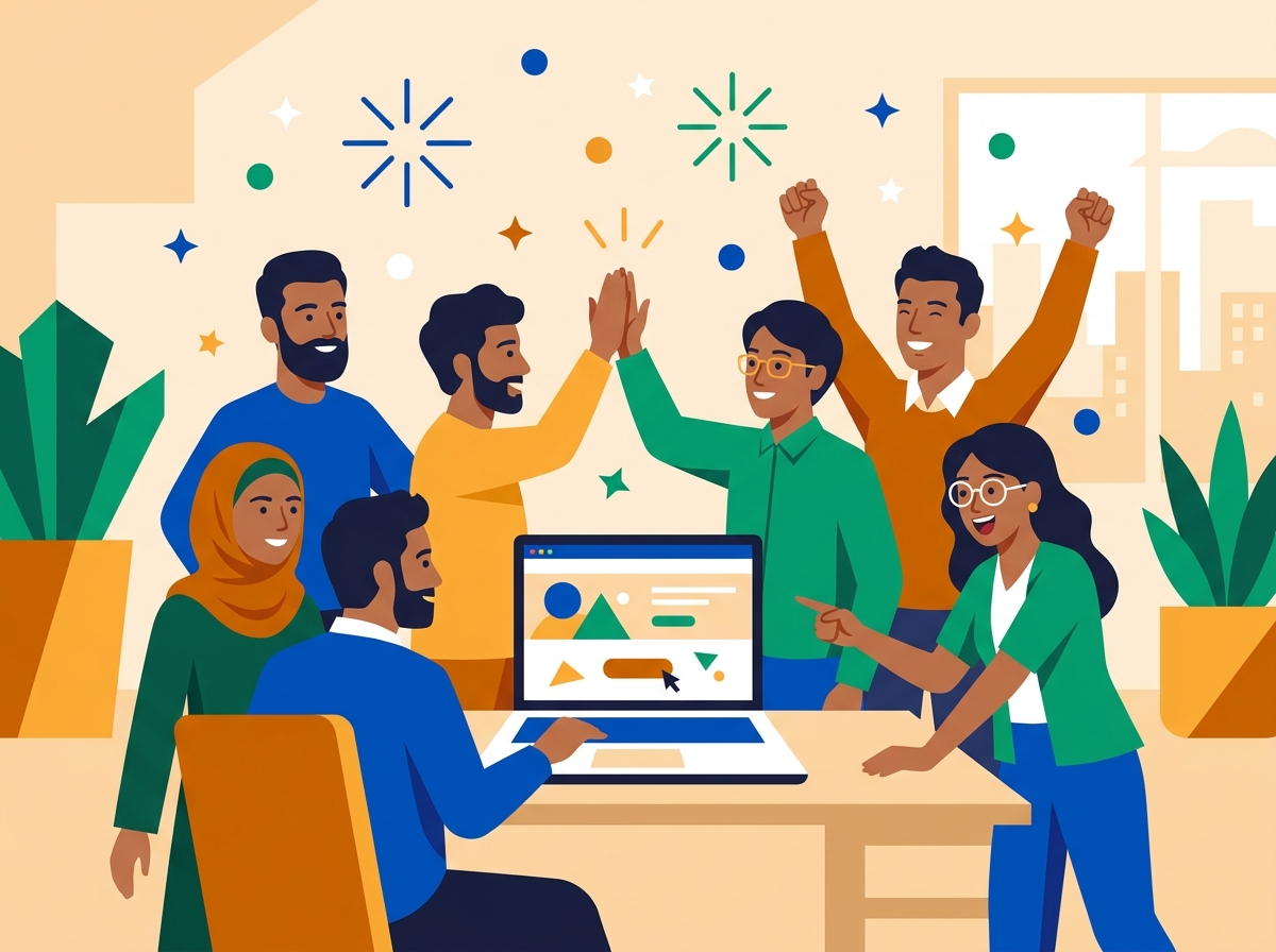 Diverse South Asian engineers celebrating a shipped project