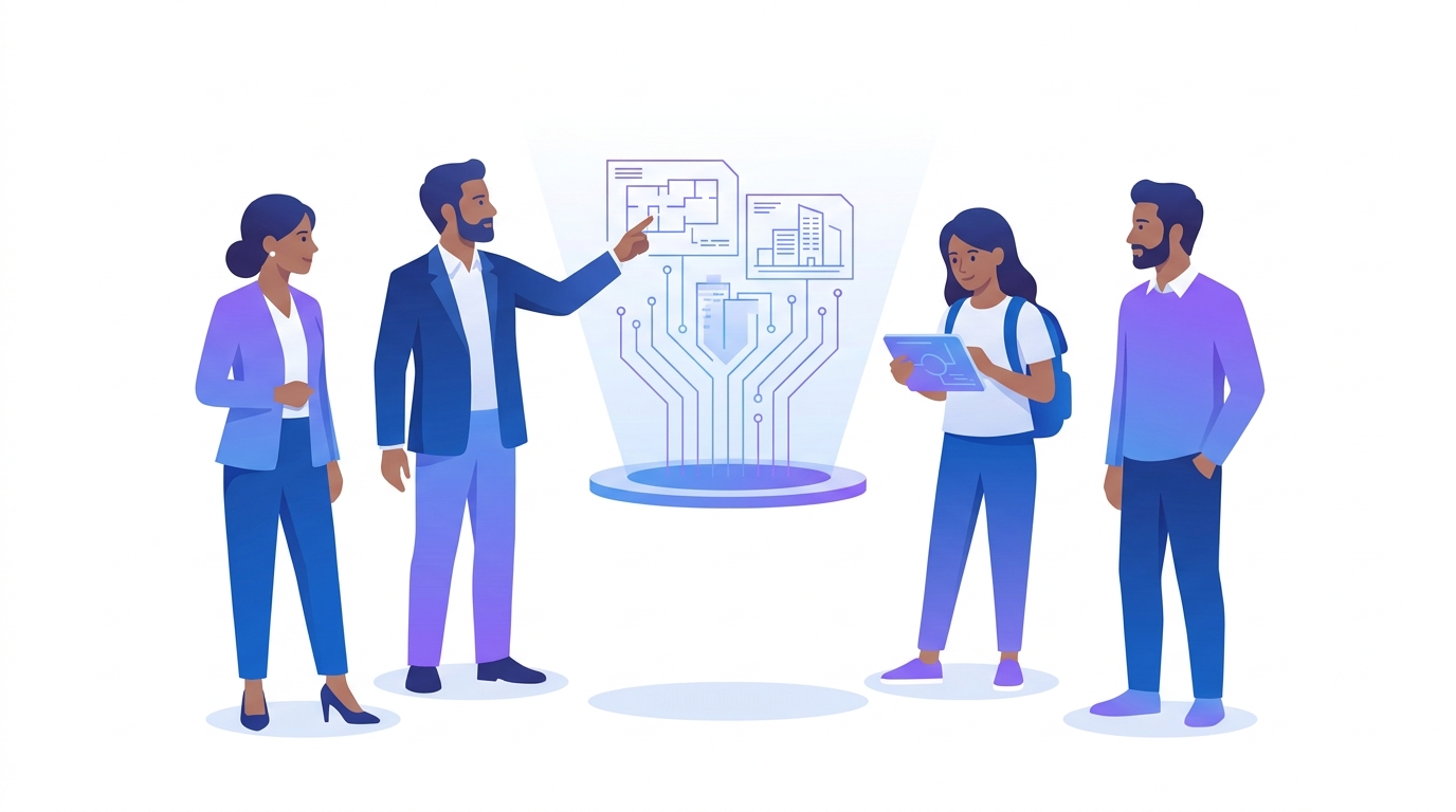 Diverse builders collaborating around a digital blueprint